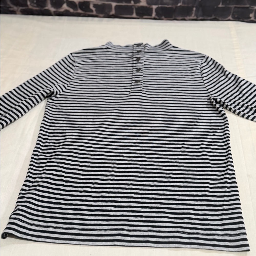 LOFT Womens Striped Long Sleeve Henley Top Black Gray Size M Button